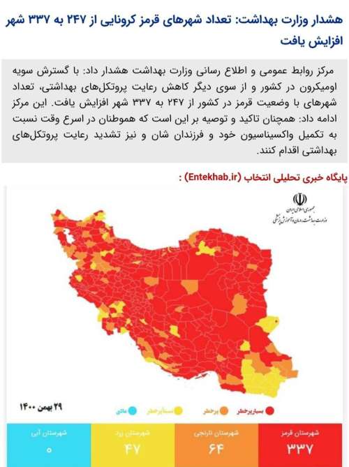 ️ هشدار وزارت بهداشت: تعداد شهرهای قرمز کرونایی از ۲۴۷ به ۳۳۷ شهر افزایش یافت